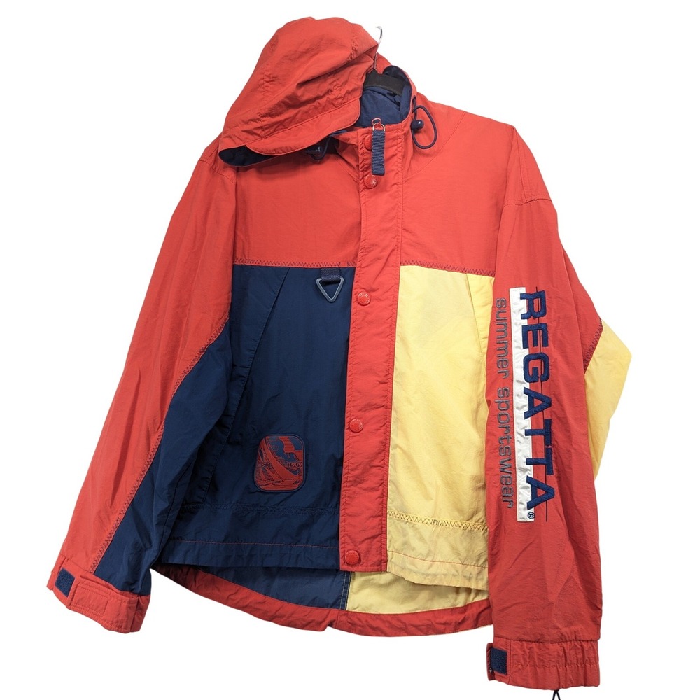 Vintage Regatta Sport Colorblock Sailing Jacket Red Navy Yellow Hooded Mens M